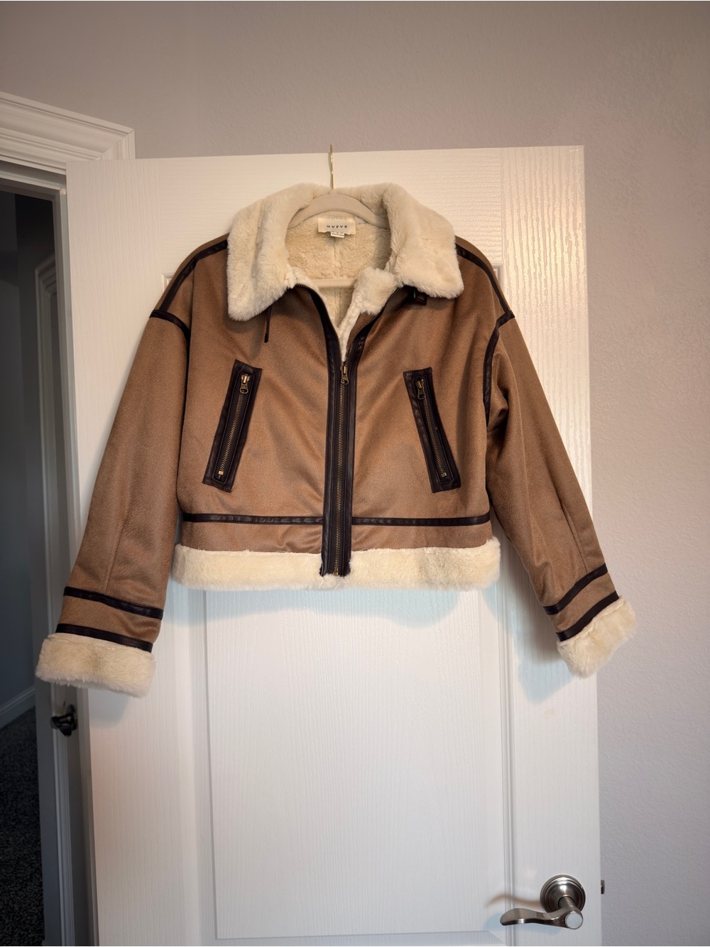HYFVE Cropped Tan Teddy Jacket with Cream Faux Shearling Trim